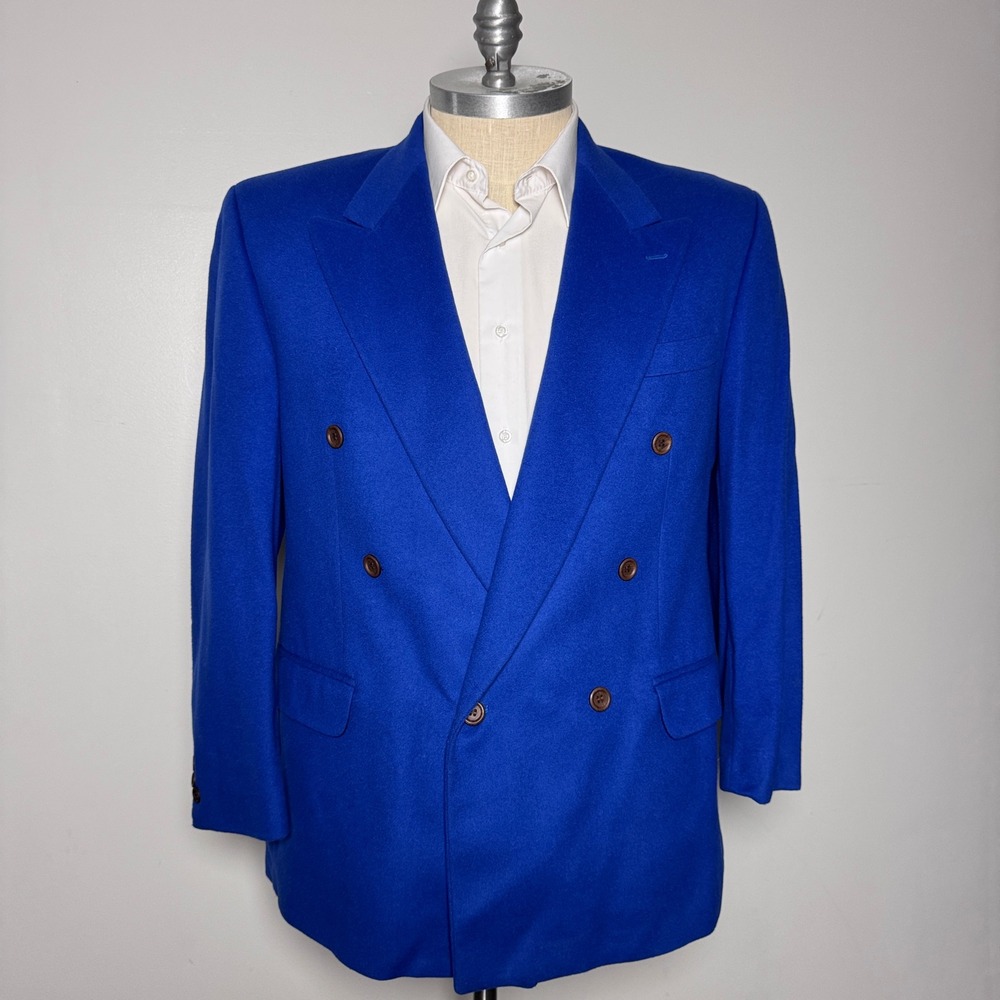 Franco Tassi Blazer Mens 44S Blue Solid Double Breasted Peak Lapel Vintage